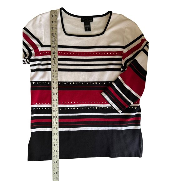 Alfred Dunner Red Wh Blk Striped Stud Embellished 3/4 Sleeve Scoop Neck Top S - Picture 7 of 7